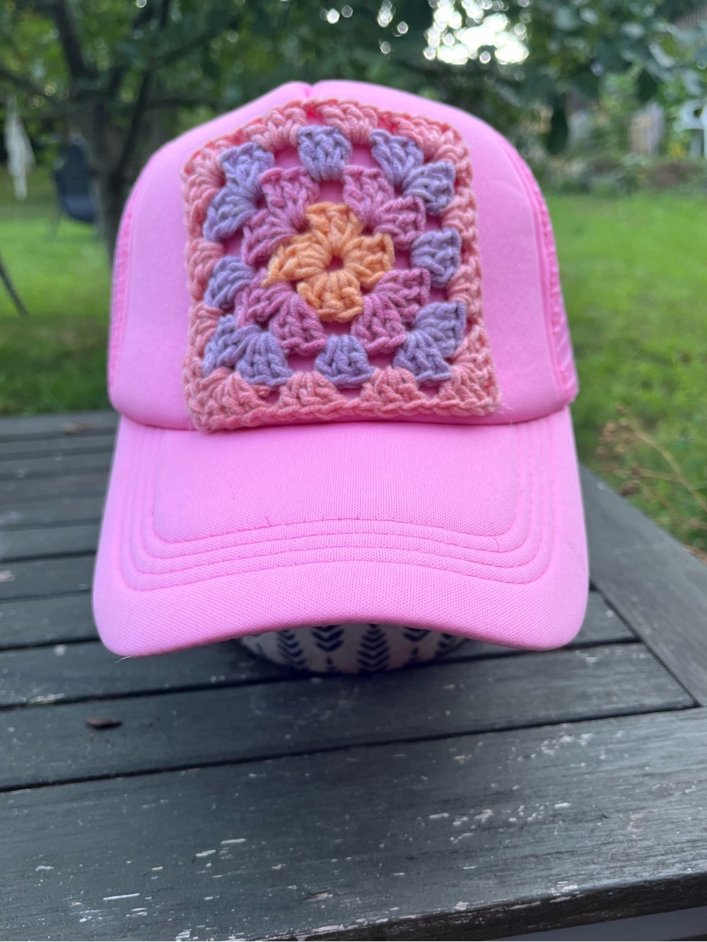 Pink Crochet Patch Boho Trucker Hat